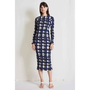 Apiece Apart Suenos Smock‎ Midi Dress Navy Blue Print Long Sleeve Sz L
